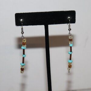 🏜️ Beautiful Silver, Turquoise & Brown Glass Dangle Earrings – 2.25" Southwest
